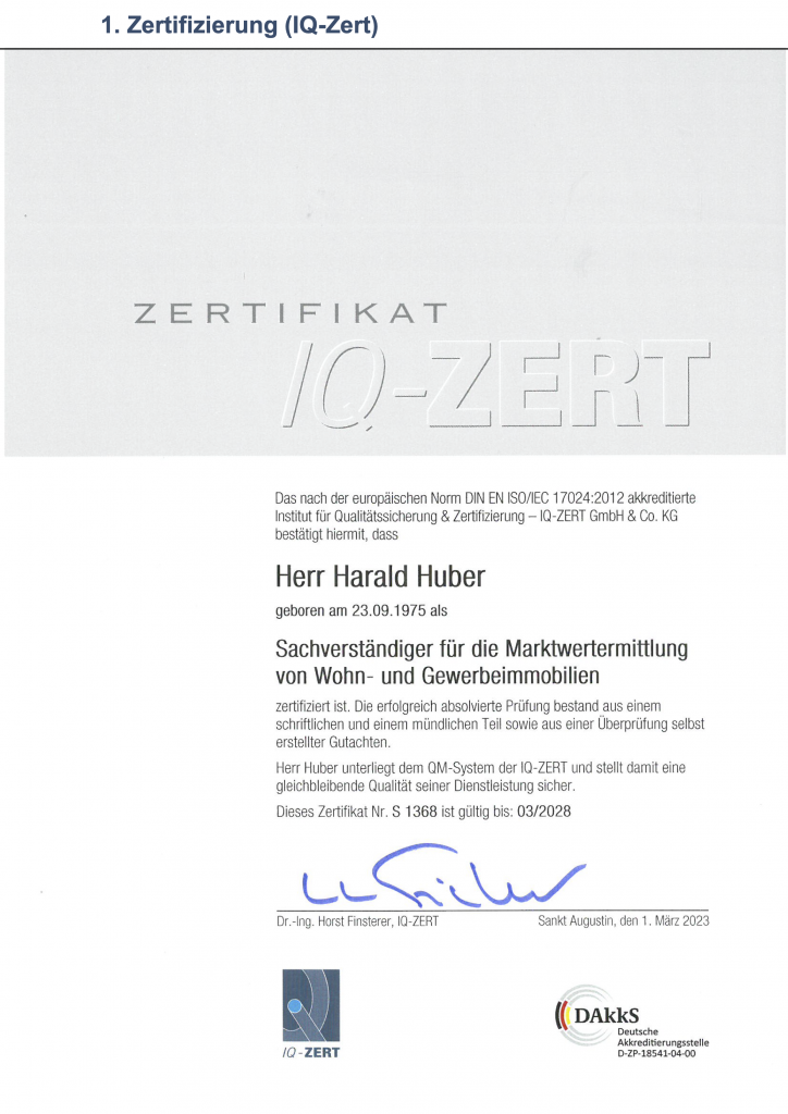 Immobilien Gutachter Sachverständiger Harald Huber Zertifizierung Finanzamt München DAkkS akkreditiert